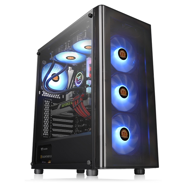 Close-up and inside Desktop PC Gaming and Cooling Fan CPU with multicolored LED  RGB light show status on working mode, interior PC case technology  background Stock Photo